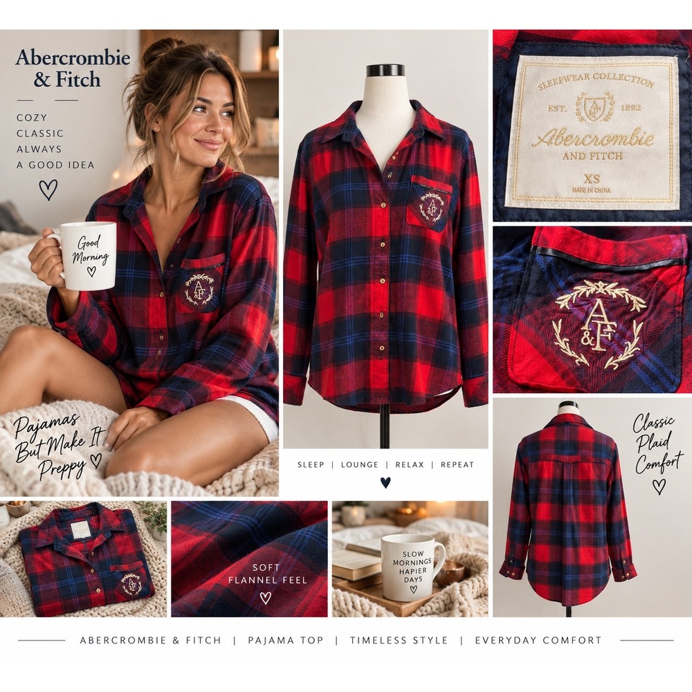 Abercrombie & Fitch Red Navy Plaid Flannel Pajama Top XS Sleep Shirt Embroidered